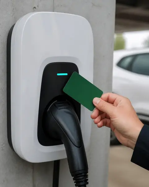 Une main présente un badge vert devant le lecteur d’une borne de recharge murale
