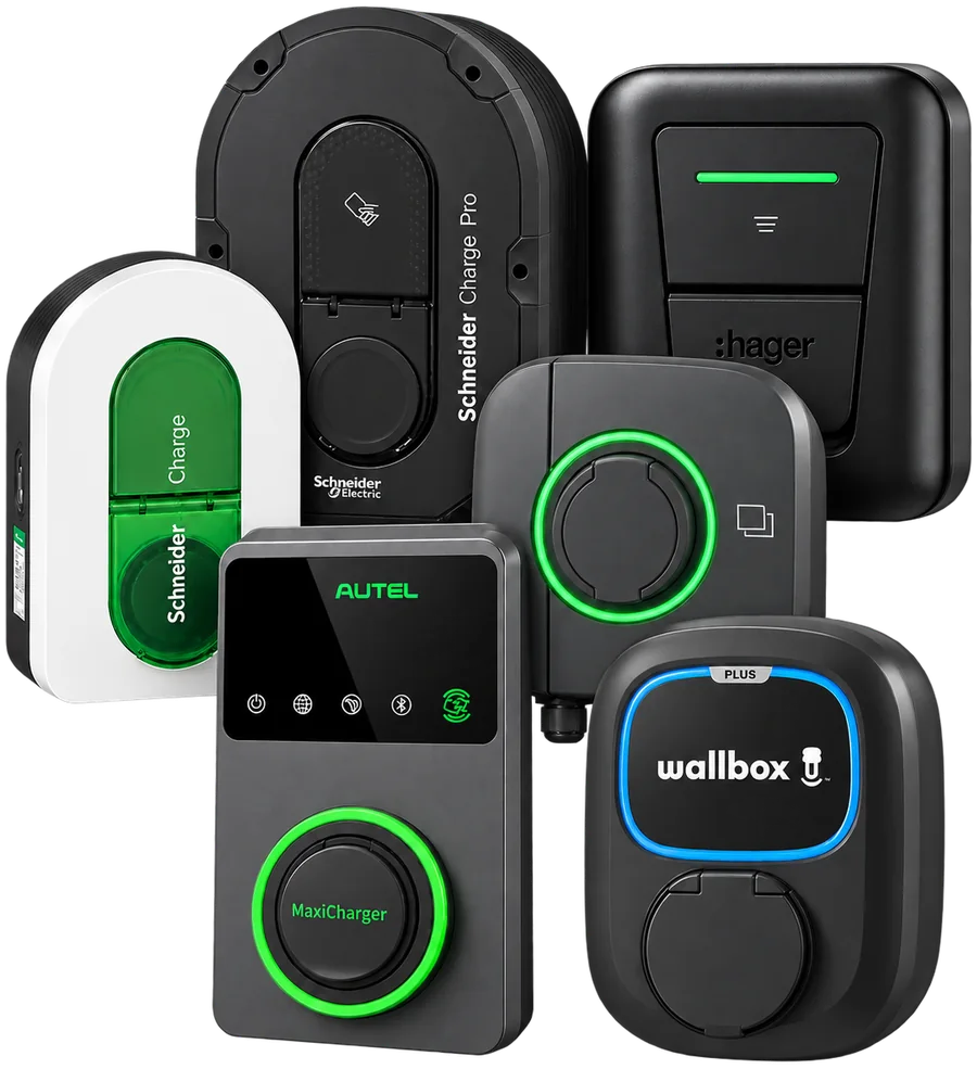 Les 6 bornes de recharge posées par Ave Green : Schneider Charge, Schneider Charge Pro, Hager Witty One, LCTC Série H, Autel MaxiCharger AC et Wallbox Pulsar Plus Socket