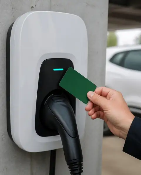 Main qui présente un badge vert devant le lecteur d’une borne de recharge murale