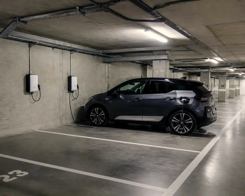 Parking en sous-sol d’immeuble, bornes murales au-dessus des places, une voiture électrique branchée