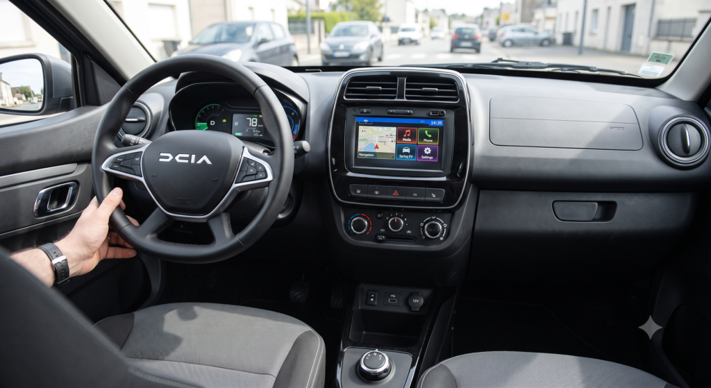 Tableau de bord de la Dacia Spring simple et fonctionnel